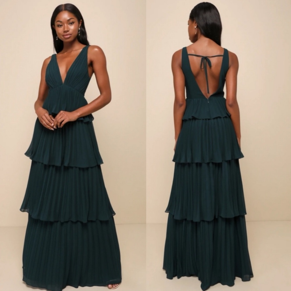 Lulus Luxe Perfection Emerald Green Pleated Tiered Backless Maxi Dress Small‎